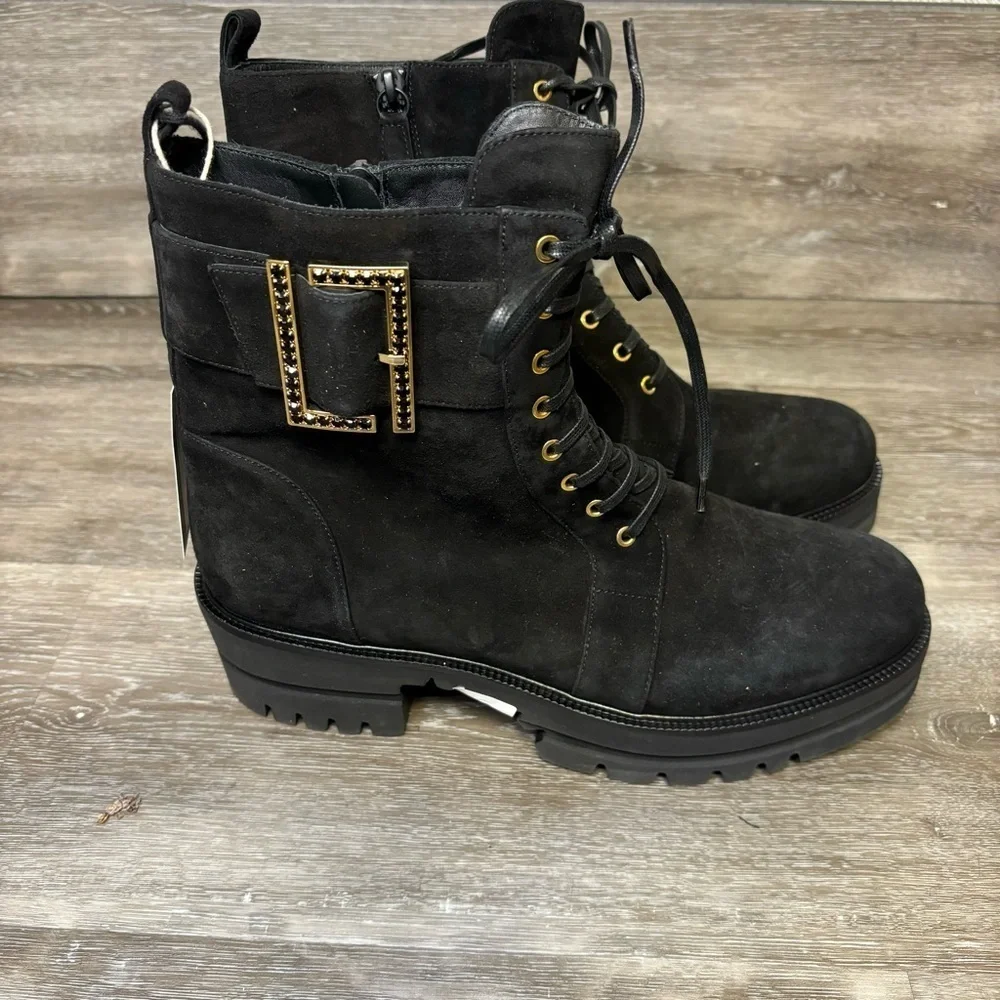 Loriblu | Black Ankle Combat Boots With Gold Buckle Detail Size 41 Made In Italy